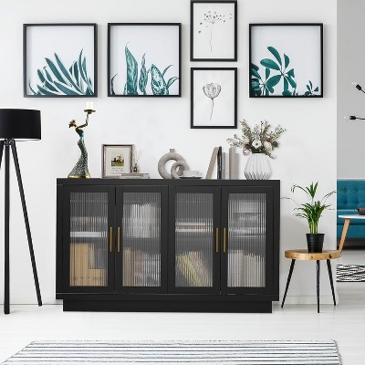 Garvee Modern Black Buffet Cabinet with Fluted Glass Doors, Adjustable Shelves, Gold Handles, Coffee Bar,Black