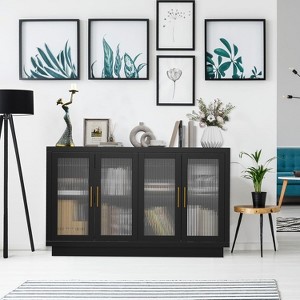 Garvee Modern Black Buffet Cabinet with Fluted Glass Doors, Adjustable Shelves, Gold Handles, Coffee Bar,Black - 1 of 4
