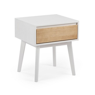 White and Blonde Pine Wood Scandinavian Nightstand with 1 Drawer