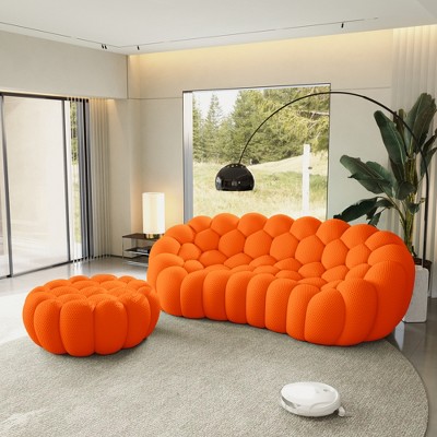WJSHome 3 Seater Bubble Sofa with Ottoman, Curved Couch, Comfy Upholstered Sofa, Mesh Fabric 3D Honeycomb Shape Modern Couch