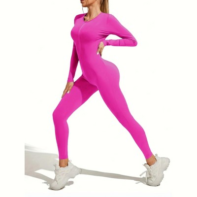DOMETOUR Zip Front Sports Yoga Jumpsuit for Women Tummy Control Unitard Bodysuit Athletic Rompers, Rose red-L