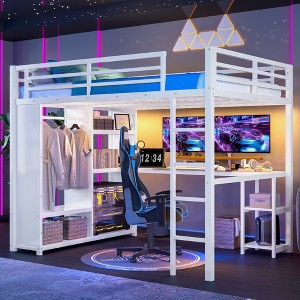 Queen/Twin XL/Full Metal Loft Bed with Built-in Wardrobe & Desk, Storage Shelves + Safety Guardrails, Black/White - ModernLuxe - 1 of 4