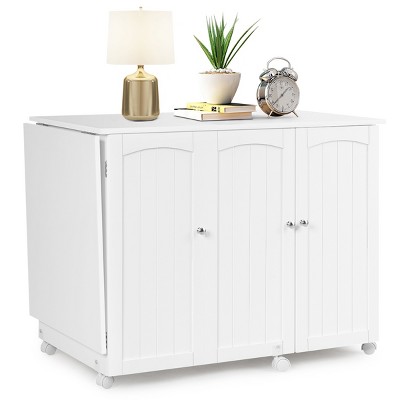 White Folding Sewing Table with Shelves and Wheels