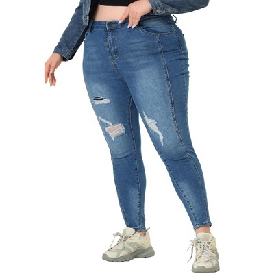 Agnes Orinda Women's Plus Size Fashion Denim Frayed Hem Washed Jeans Capri  Blue 1X