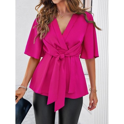 Women's Summer V Neck Peplum Tops Tie Waist Wrap Blouse Short Sleeve Casual Ruched Shirts