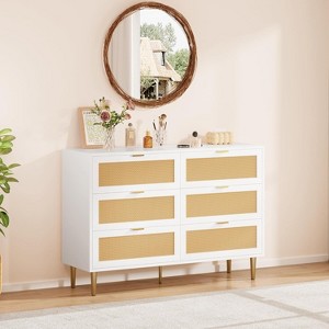Jojoka Rattan 6 Drawer Dresser, Wide Modern Chest of Drawers with Gold Handles & Legs, Wooden Storage Organizer for Bedroom, Living Room - 1 of 4
