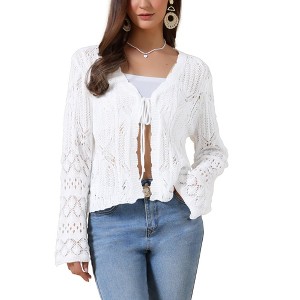 INSPIRE CHIC Women's Casual V Neck Tie Front Lightweight Long Sleeve Mesh Crochet Cropped Cardigan - 1 of 4