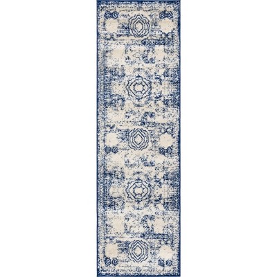 Ivory and Blue Geometric Synthetic Runner Rug
