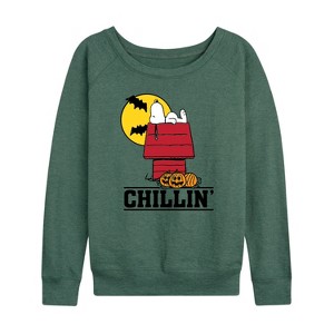 Women's - Peanuts - Snoopy Chillin Halloween Lightweight French Terry Wide Neck Long Sleeve Graphic Shirt - 1 of 4