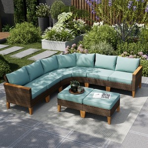 Captiva Designs 8pc Outdoor Wicker Rattan Patio Half-Moon Curved Sectional Sofa Set with Cushioned Ottoman - 1 of 4