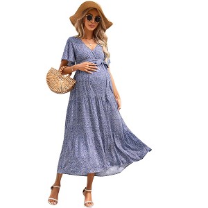 V-neck flared sleeve short sleeved long maternity dress - 1 of 1