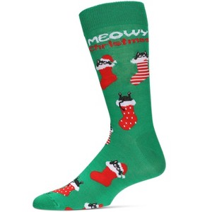Memoi Men's Meowy Christmas Holiday Crew Socks Green 10-13 - 1 of 4