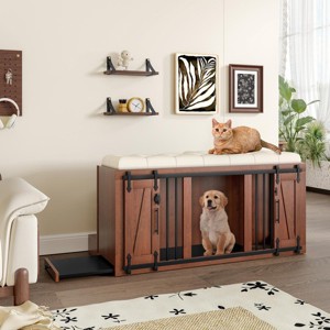 56" Mid-Century Modern Storage Ottoman Bench with Padded Seat and Pet Crate for Bedroom or Entryway -3irtyhousy - 1 of 4