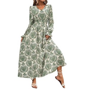 Coolmee Women Spring Fall Maxi Dresses Casual Long Sleeve V Neck Floral Boho Long Dress Wedding Guest Dress - 1 of 4