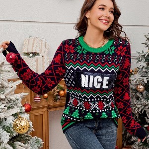 Women's Sequin & Jacquard Christmas Sweater - Sparkly Embroidered Holiday Knit Long Sleeve Party Pullover Ugly Xmas Cozy Winter Top - 1 of 4