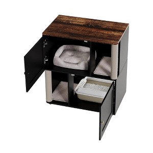 Double Cat Litter Box Enclosure with Hidden Compartments, Wooden Farmhouse Cabinet with Dual Scrape Mats and Scratching Posts - 1 of 3