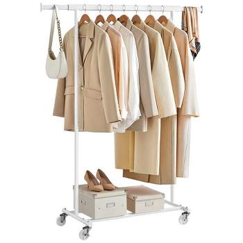 SONGMICS Clothes Rack with Wheels, Clothing Rack for Hanging Clothes, Garment Rack Heavy-Duty Portable, with Extendable Hanging Rail, Classic White
