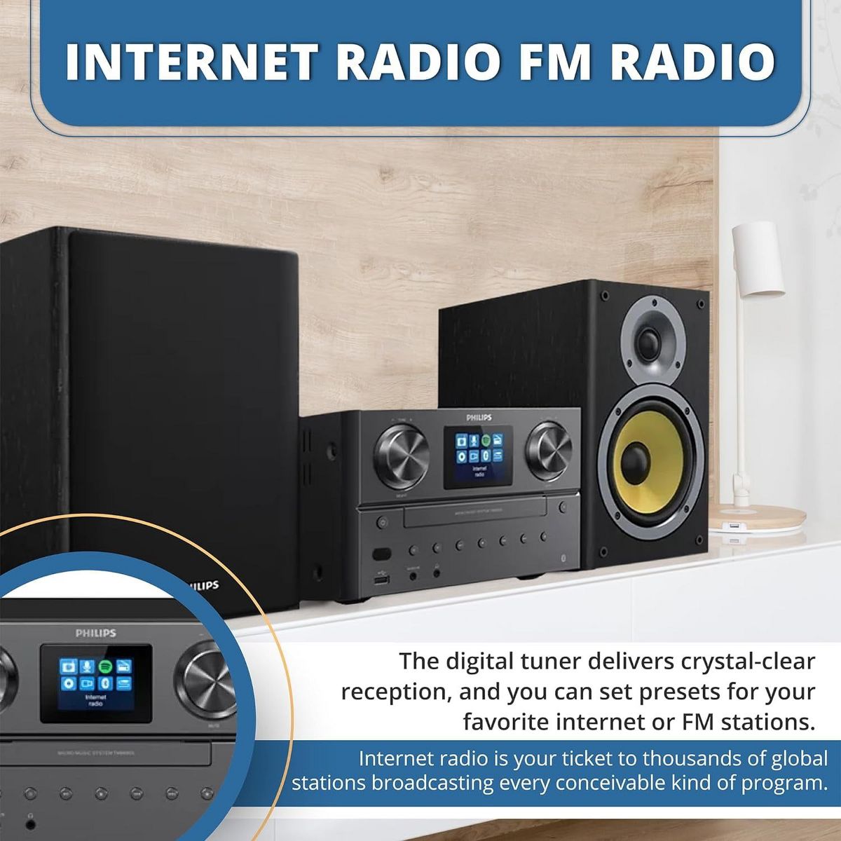 PHILIPS Bluetooth & Wi-Fi Stereo System with CD Player, Spotify Connect, Internet Radio, FM Radio, MP3/USB Playback, Rich Bass, Hi-Fi Speakers, 100W - thumbnail 3