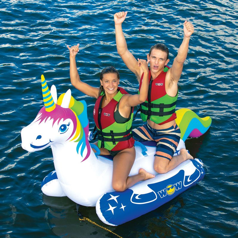 Wow Watersports Giant Rainbow Unicorn 2 Person Rider PVC Inflatable Pontoon Boating Ride On Lake Boat Towable Tube with 340 Pound Capacity, 3 of 5
