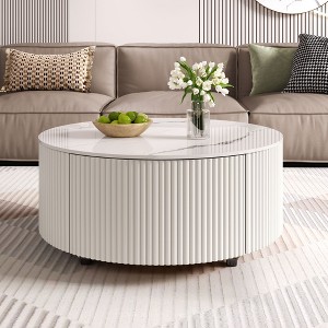 Kumasinova 29.5" Round Coffee Table with Casters,Side Table with 2 Drawers,Movable End Table with Marble Pattern Sintered Stone Top for Living Room - 1 of 4