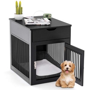 Costway 2-In-1 Furniture Dog Crate with Drawer Wired & Wireless Charging Side End Table Black/White/Rustic Brown - 1 of 4