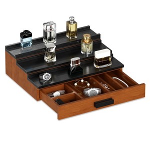 Organizer for Men, Wooden Perfume Organizer with Drawer Storage and Hidden Compartment, 3-Tier Black Fragrance Display Risers - 1 of 4