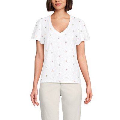 Lands' End Women's Slub Flutter Sleeve V-Neck T-Shirt