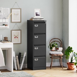 Mlezan Drawer File Cabinet: Metal, Lockable, Narrow Design for Under-Desk Storage. Fits A4/F4/Letter/Legal Files, BLack Finish, Assembly Required. - 1 of 4