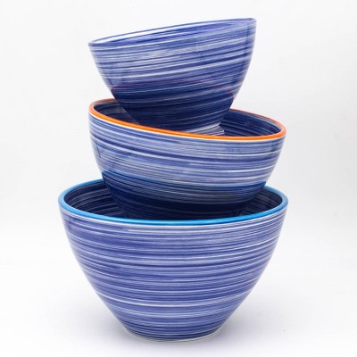 3pc Ceramic Raia Assorted Stacking Bowl Set Blue - Euro Ceramica