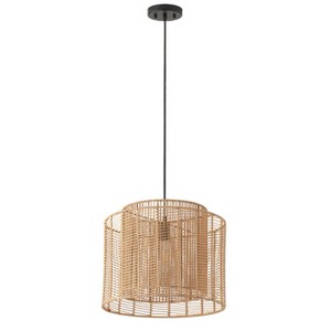 Boho Rattan Pendant Light, Handwoven Double Drum Hanging Fixture for Dining Room or Kitchen Island - 1 of 4