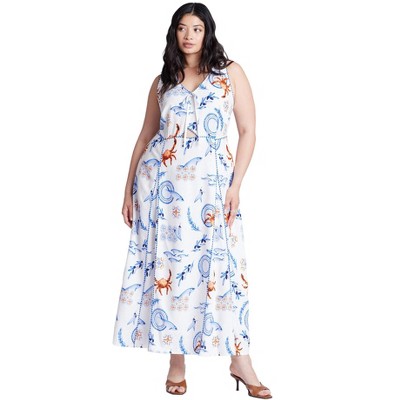 ELOQUII Women's Plus Size Roping Detail Printed Maxi Dress