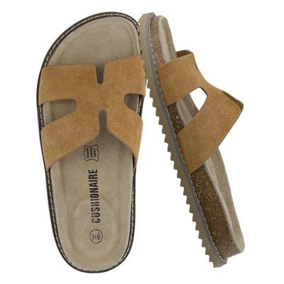 CUSHIONAIRE Wisdom Womens Sandals Cutout Strap Genuine Leather Slides – Slip On Cork Footbed Sandals for Women 2025