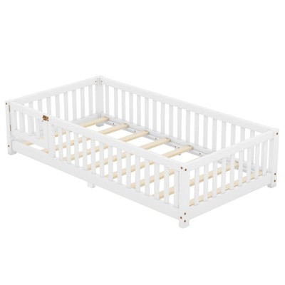 SEVOBAL Kids Bedroom Twin Size Floor Bed Frame With Safety Guardrails Door Removable Slats No Box Spring Needed for Kids, White, 77.95"*18.5"*5.12"