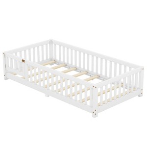 SEVOBAL Kids Bedroom Twin Size Floor Bed Frame With Safety Guardrails Door Removable Slats No Box Spring Needed for Kids, White, 77.95"*18.5"*5.12" - 1 of 4