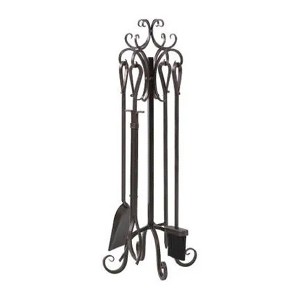 Panacea 5 Piece Powder Coated Steel Scroll Top Fireplace Accessory Tool Set with Brush, Tongs, Shovel, Poker, and Stand, Bronze - 1 of 4