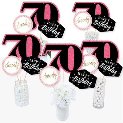 Big Dot of Happiness Chic 70th Birthday - Pink, Black and Gold - Birthday Party Centerpiece Sticks - Table Toppers - Set of 15