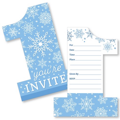 Big Dot of Happiness Blue Snowflakes 1st Birthday - Shaped Fill-in Invitations - Boy Winter Onederland Party Invitation Cards with Envelopes Set of 12