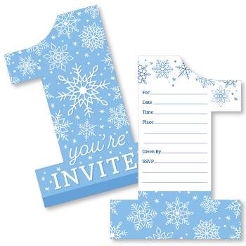 Big Dot of Happiness Blue Snowflakes 1st Birthday - Shaped Fill-In Invitations - Boy Winter ONEderland Party Invitation Cards with Envelopes Set of 12