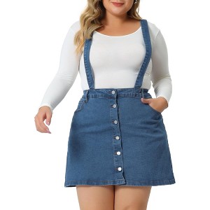 Agnes Orinda Women's Plus Size Suspender Adjustable Strap Cross Back Mini Denim A-Line Skirts - 1 of 4