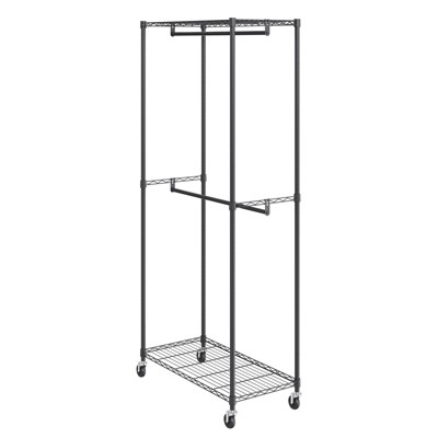 Boersma Heavy Duty Clothes Rack, Double Hanging Rods Clothing Garment Rack With Bottom And Top Storage Tier, Rolling Clothing Rack For Hanging Clothes