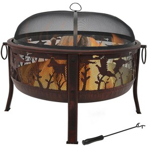 Sunnydaze Outdoor Camping or Backyard Steel Pheasant Hunting Fire Pit with Spark Screen, Cover, Metal Wood Grate, and Log Poker - 30" - 1 of 4