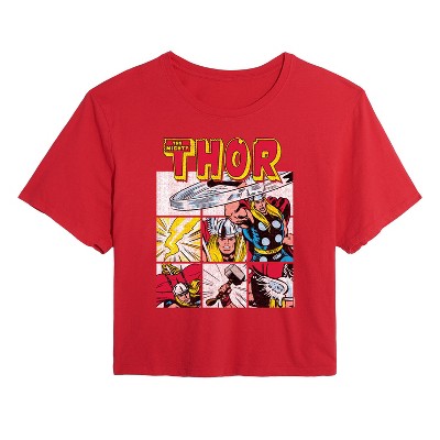 Women's - Marvel - Thor Comic Book Grid Cropped Graphic T-Shirt