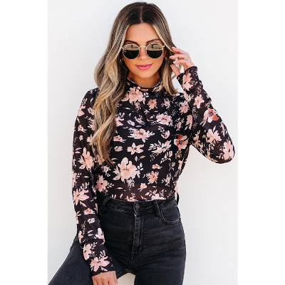 Floral Mesh Mock Neck Long Sleeve Slim Fit Top