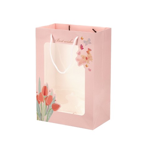 Unique Bargains Paper Gift Bag with Transparent Window Pack Bouquet Bag Pink
