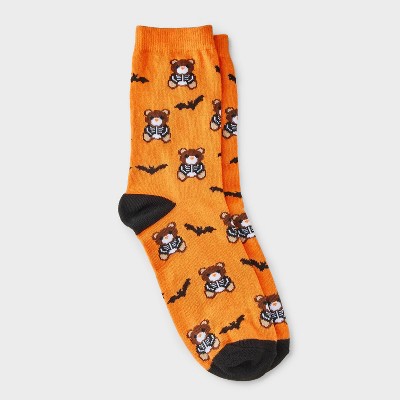 Women's Teddy Bear Skeleton Halloween Crew Socks - Hyde and EEK! Boutique™ Orange/Black 4 - 10