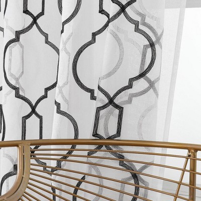 Black Sheer Embroidered Trellis Grommet Top Curtain Panel