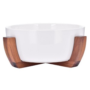 DUKA Large Porcelain Serving Bowl, 101oz – Modern White Serving Dish for Parties with Wooden Base Stand - 1 of 4