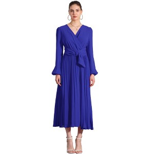 Allegra K Women's Elegant Pleated Cross V Neck Puff Sleeve Tie Waist A-Line Dress - 1 of 4