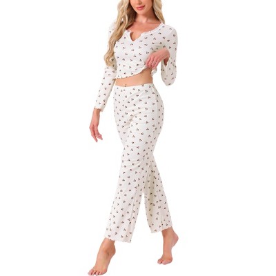 INSPIRE CHIC Women's 2 Pcs Pajama Cherry Print Ruffle Trim V-Neck Long Sleeve Top and Pants Set