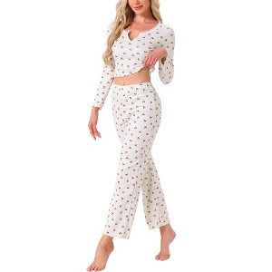 INSPIRE CHIC Women's 2 Pcs Pajama Cherry Print Ruffle Trim V-Neck Long Sleeve Top and Pants Set - 1 of 4